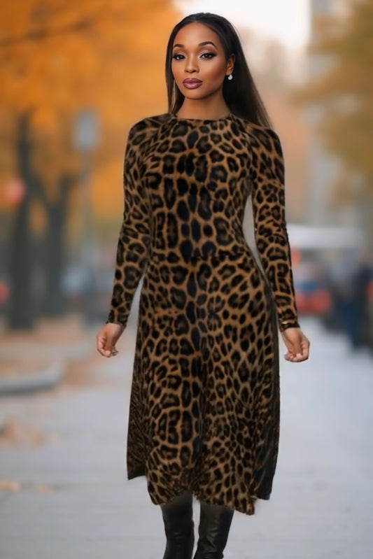 JAGUAR PRINT long sleeve midi dress